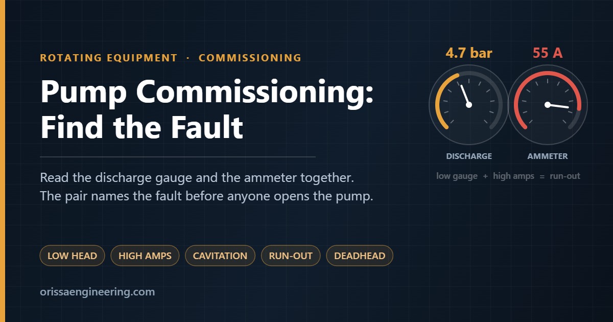 Dark technical card reading Pump Commissioning: Find the Fault, with a discharge pressure gauge at 4.7 bar and an ammeter at 55 A