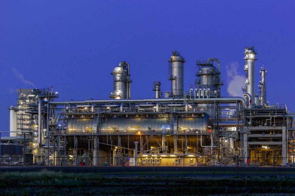 Steam methane reforming and syngas plant illuminated at night