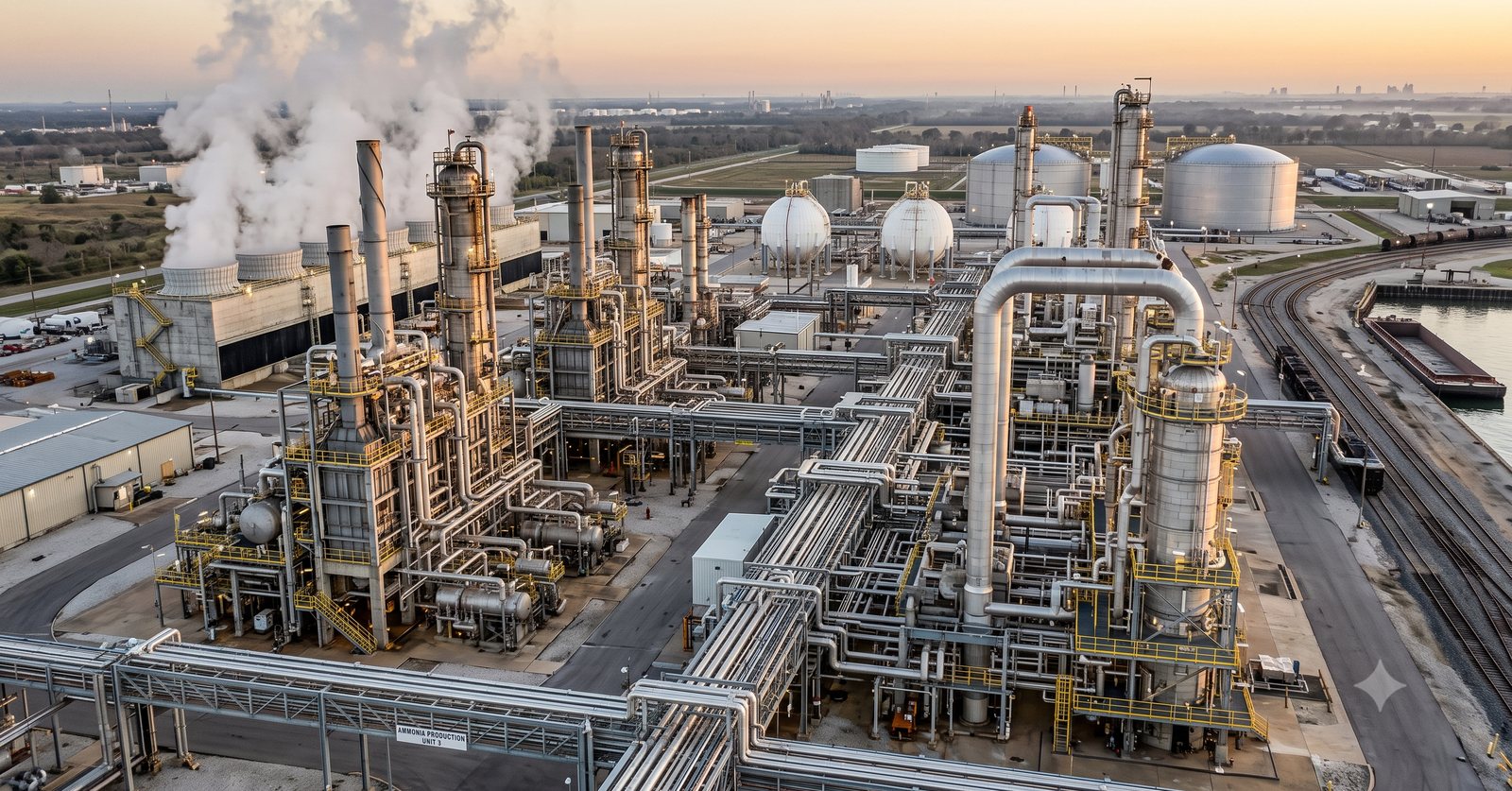 Aerial view of an integrated chemical manufacturing complex with distillation columns, pipe racks, storage spheres and tanks at sunset